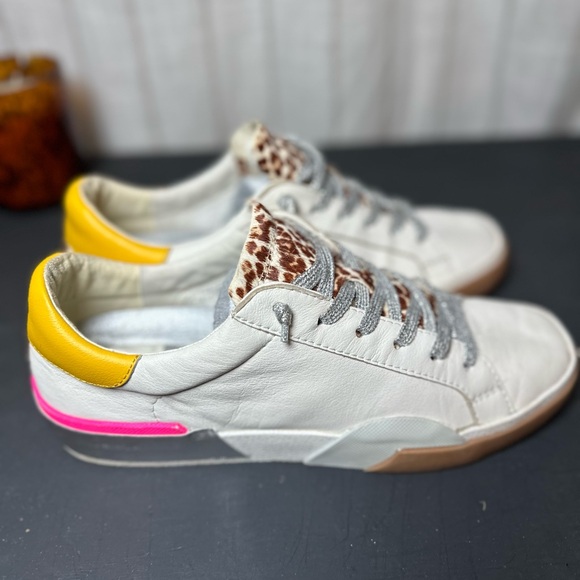 Dolce Vita - Leather Sneakers White with Leopard, Pink, and Yellow Accents - Picture 4 of 9